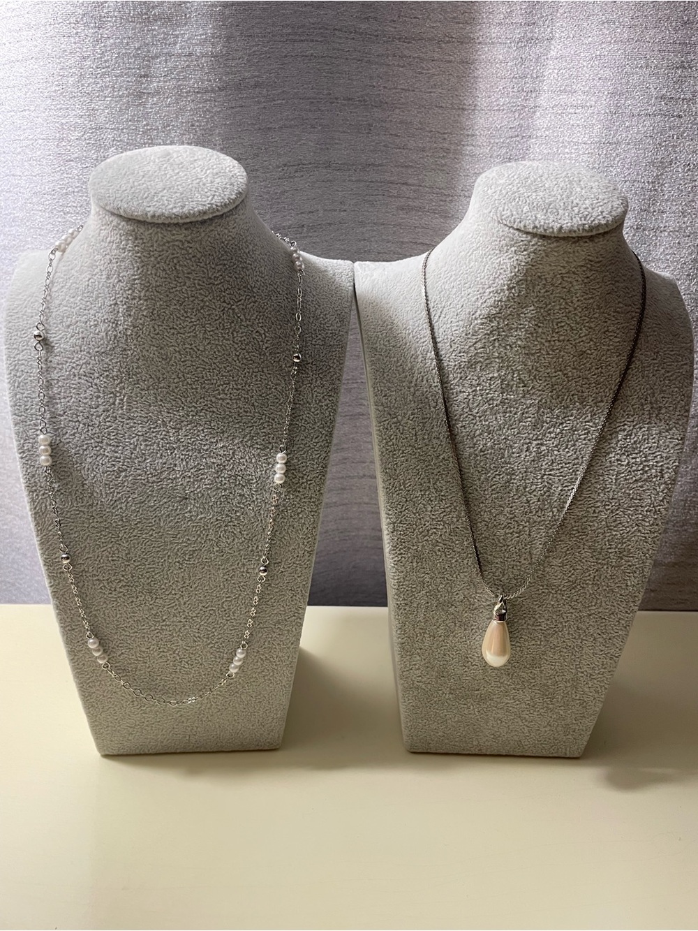 Silver Pearl Bead Necklace and Teardrop Pendant Necklace Set